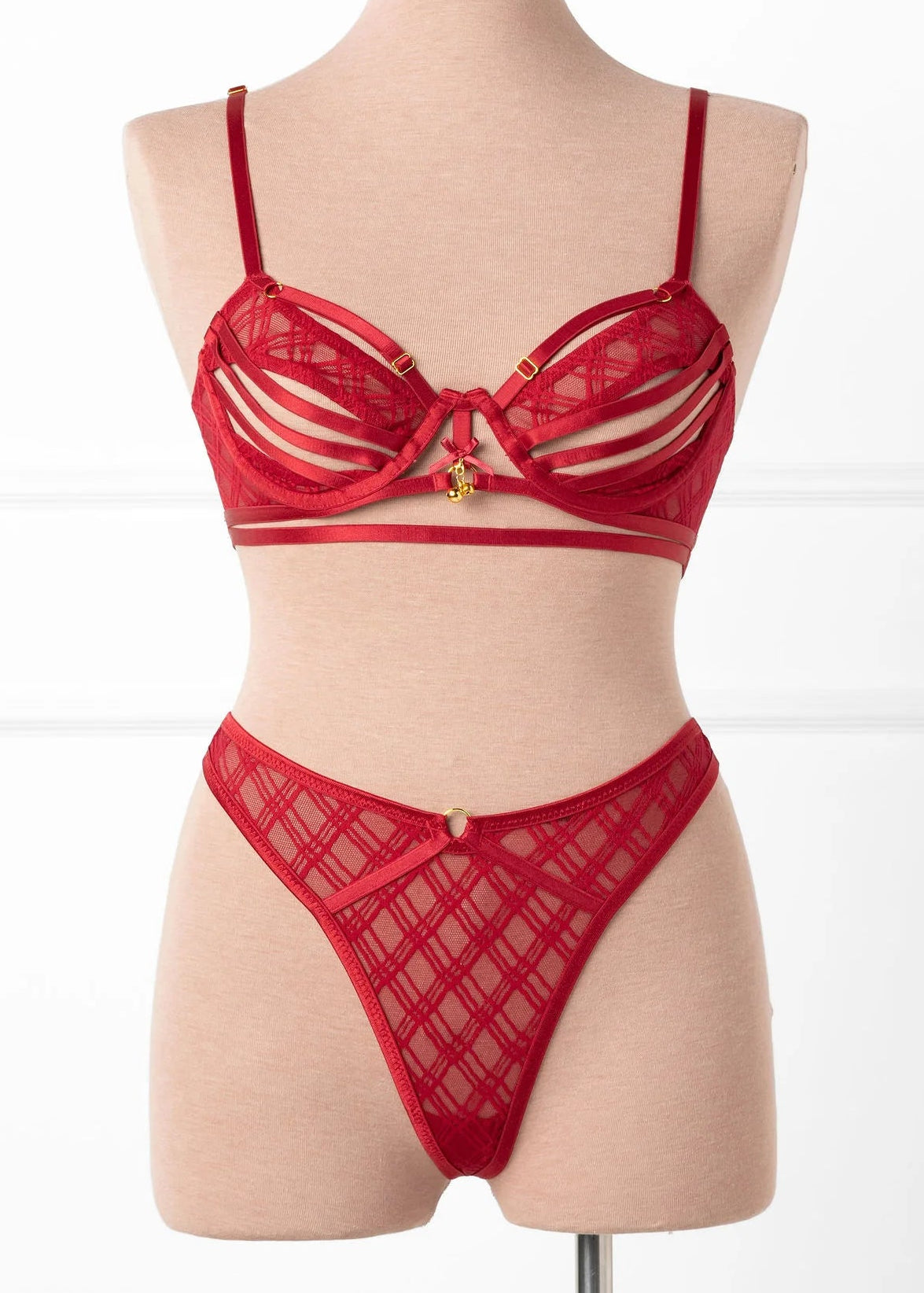 Midrise Mesh Charm Thong - Red