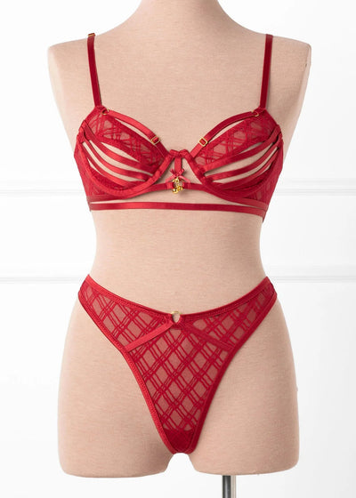Midrise Mesh Charm Thong - Red