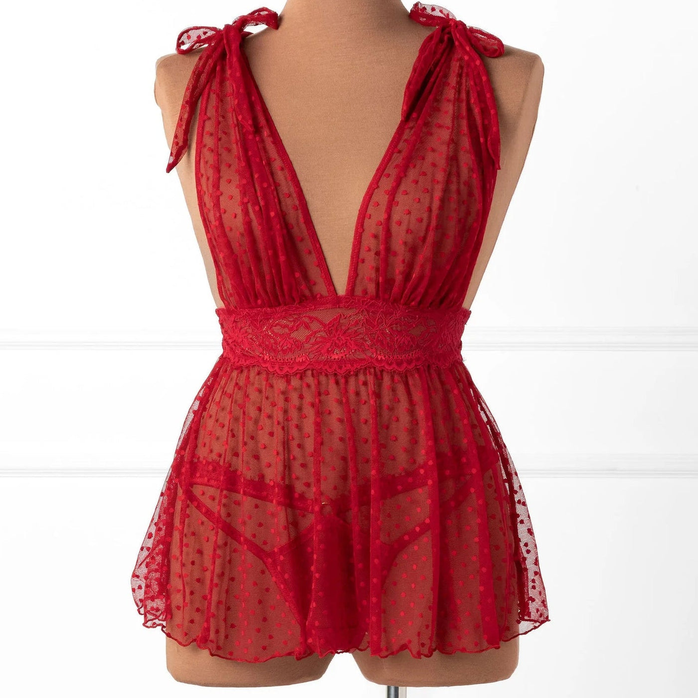 Polka Dot Mesh Babydoll - Red