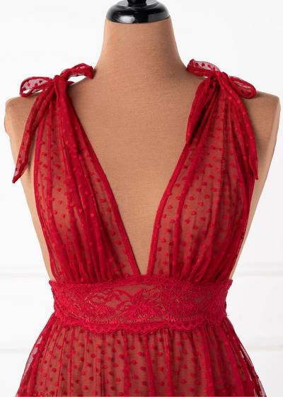 Polka Dot Mesh Babydoll - Red