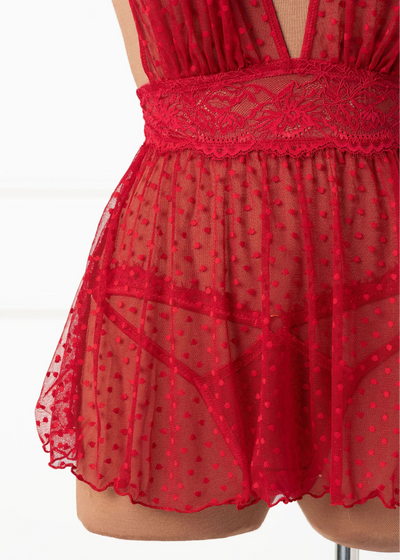 Polka Dot Mesh Babydoll - Red