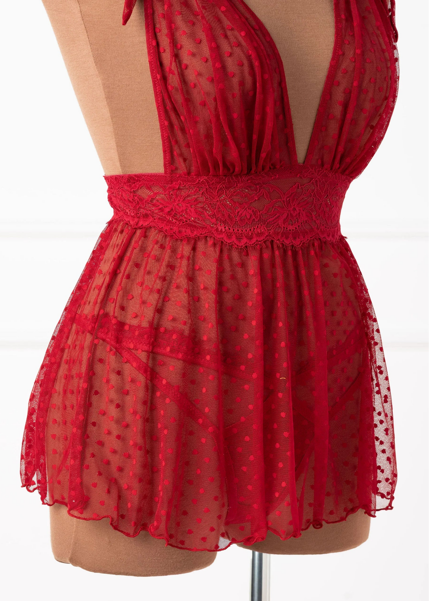 Polka Dot Mesh Babydoll - Red