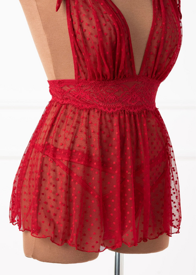 Polka Dot Mesh Babydoll - Red