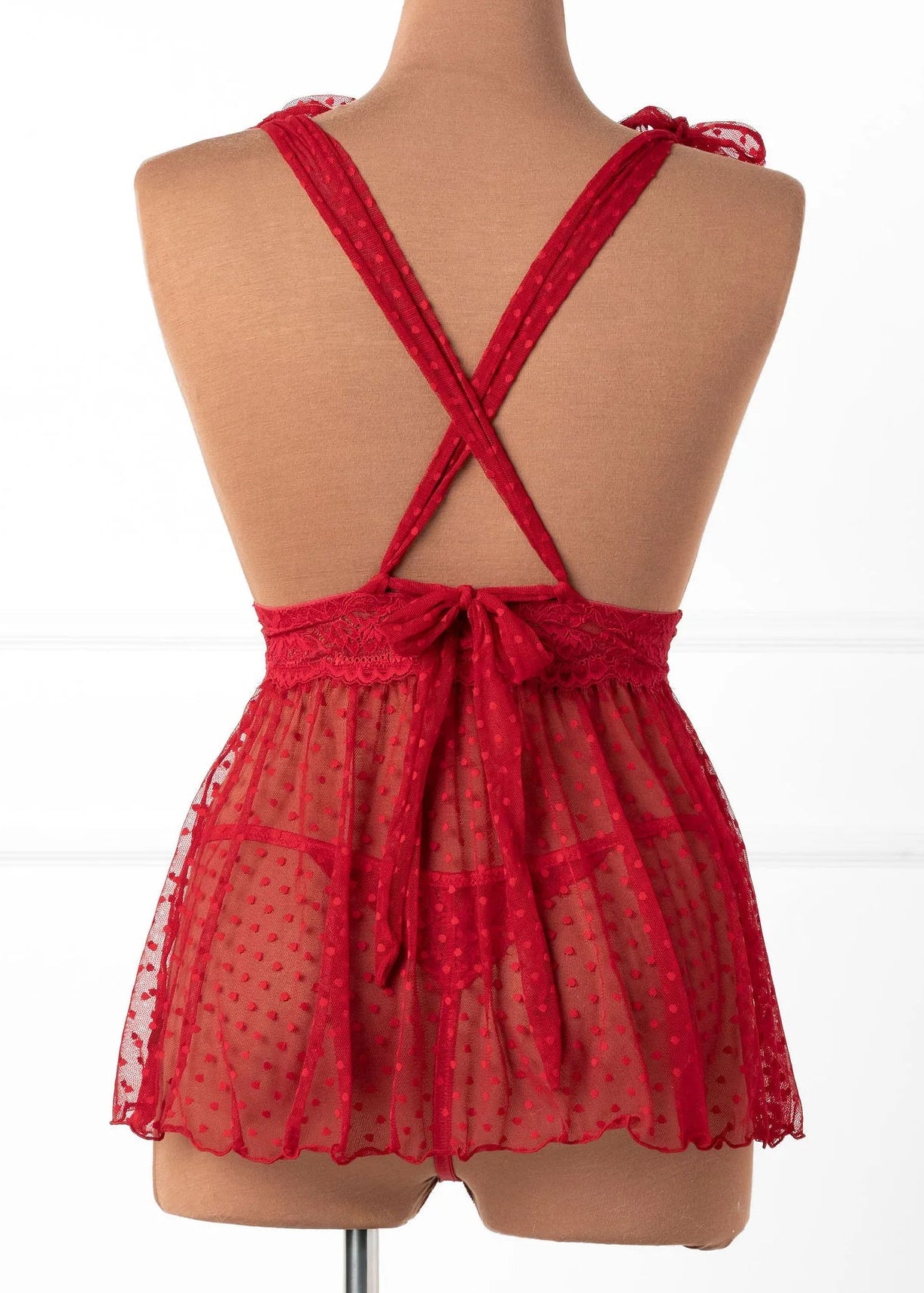 Polka Dot Mesh Babydoll - Red