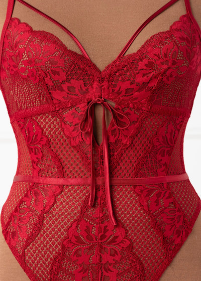 Lacy Caged Crotchless Teddy - Red