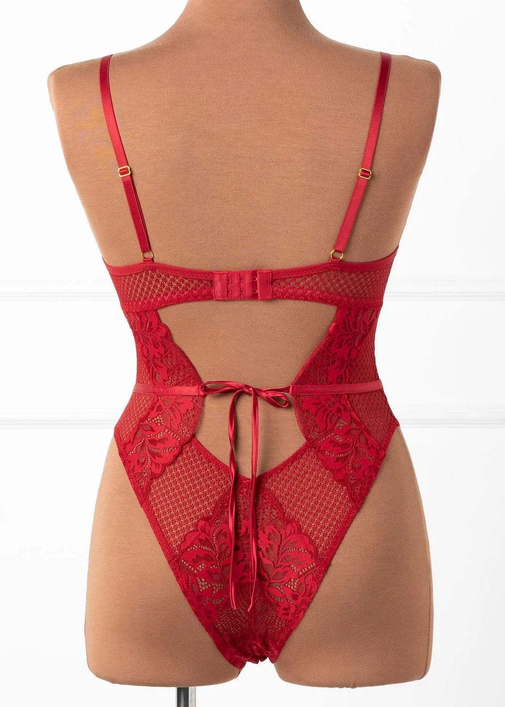 Lacy Caged Crotchless Teddy - Red