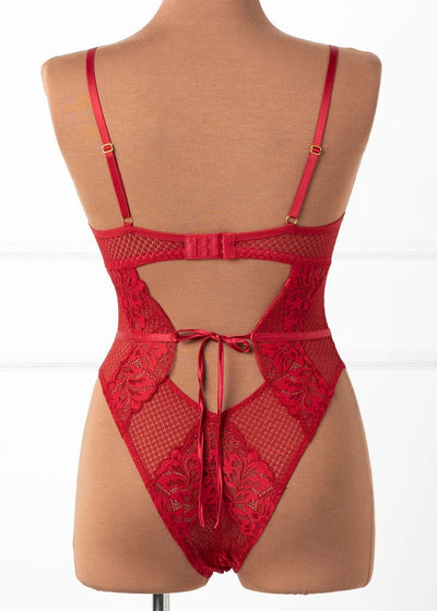 Lacy Caged Crotchless Teddy - Red