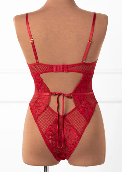 Lacy Caged Crotchless Teddy - Red