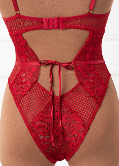 Lacy Caged Crotchless Teddy - Red