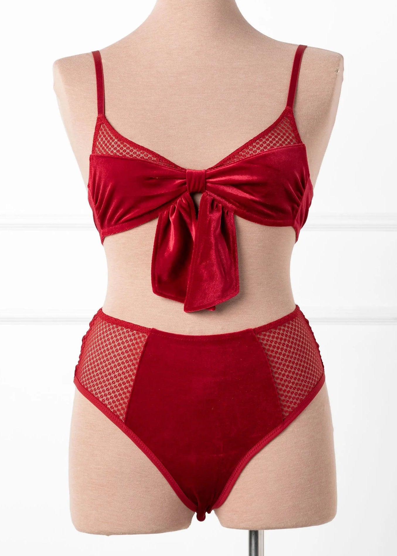 High Waist Velvet Open Back Panty - Red