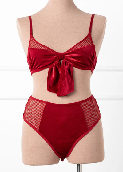 High Waist Velvet Open Back Panty - Red