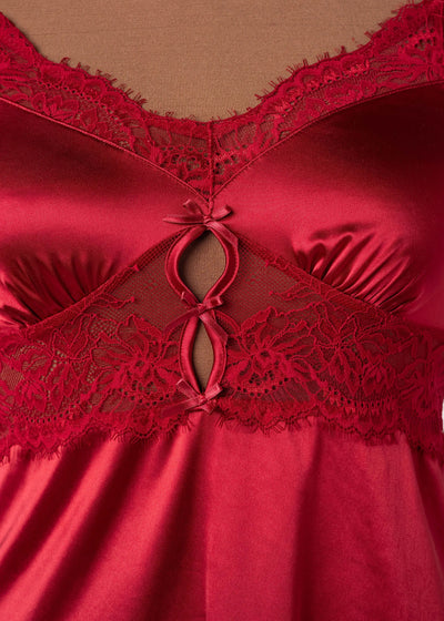 Satin & Eyelash Lace Slip - Red