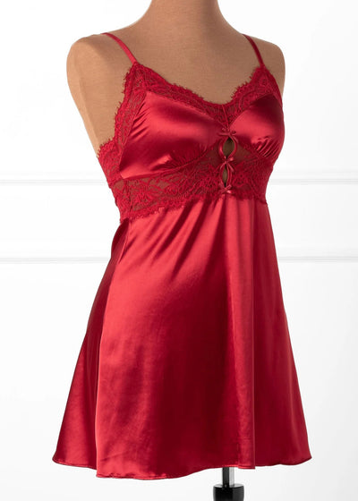 Satin & Eyelash Lace Slip - Red
