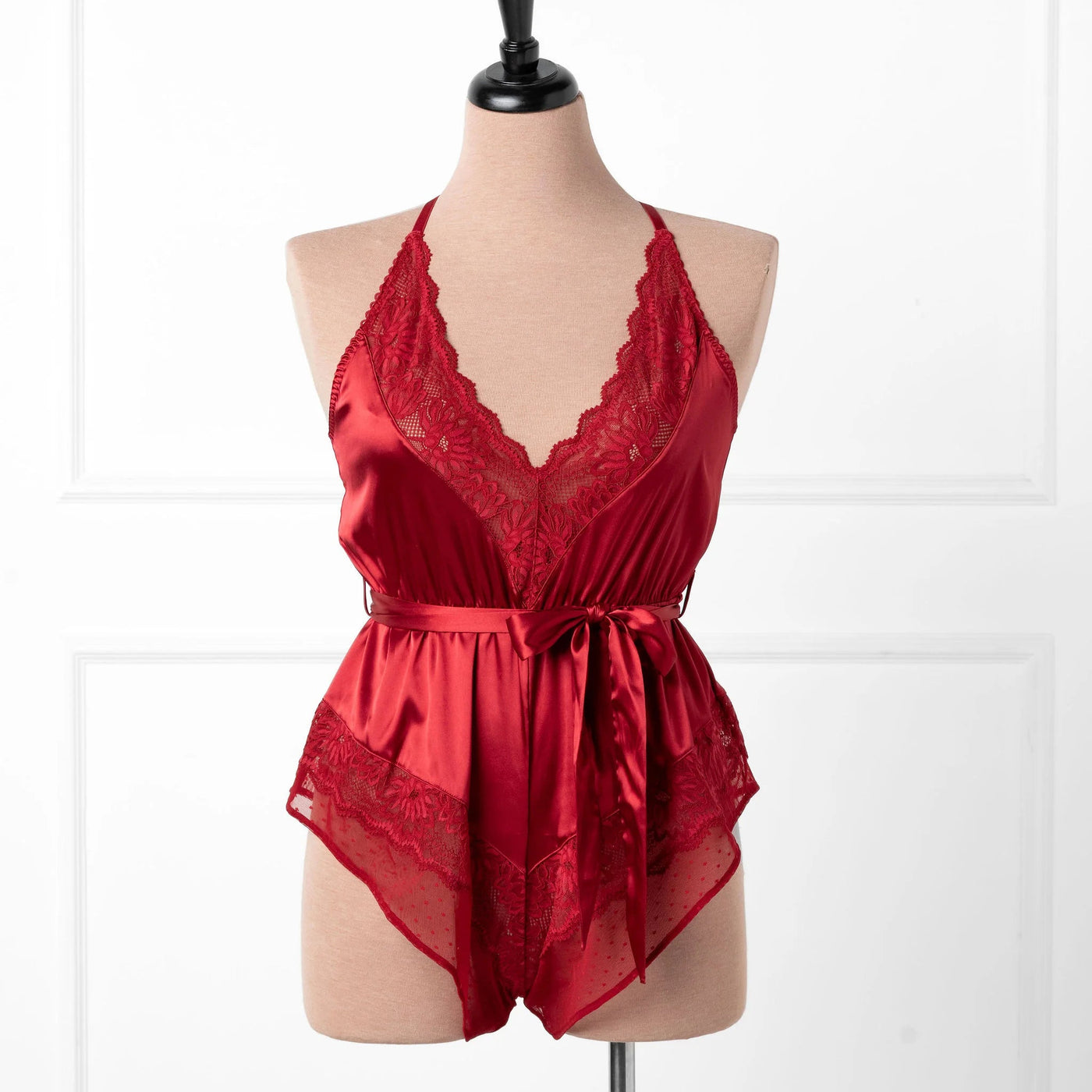 Lacy Satin Bow Romper - Red