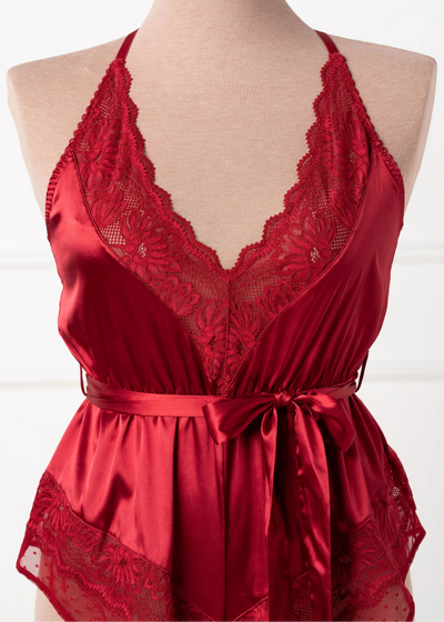 Lacy Satin Bow Romper - Red