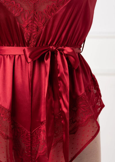 Lacy Satin Bow Romper - Red