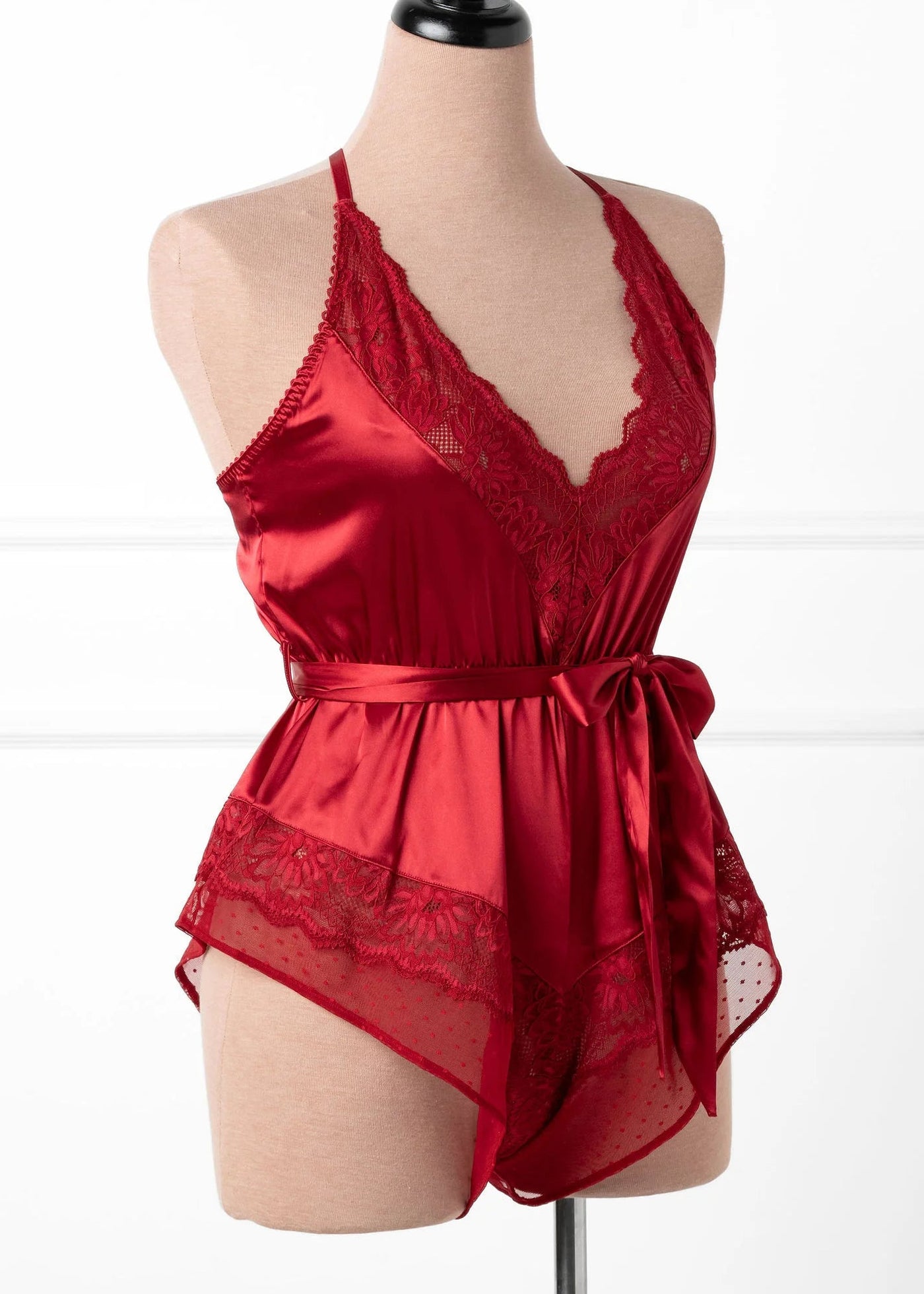 Lacy Satin Bow Romper - Red