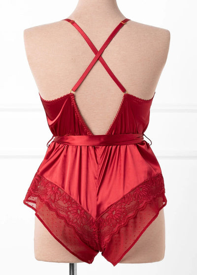 Lacy Satin Bow Romper - Red