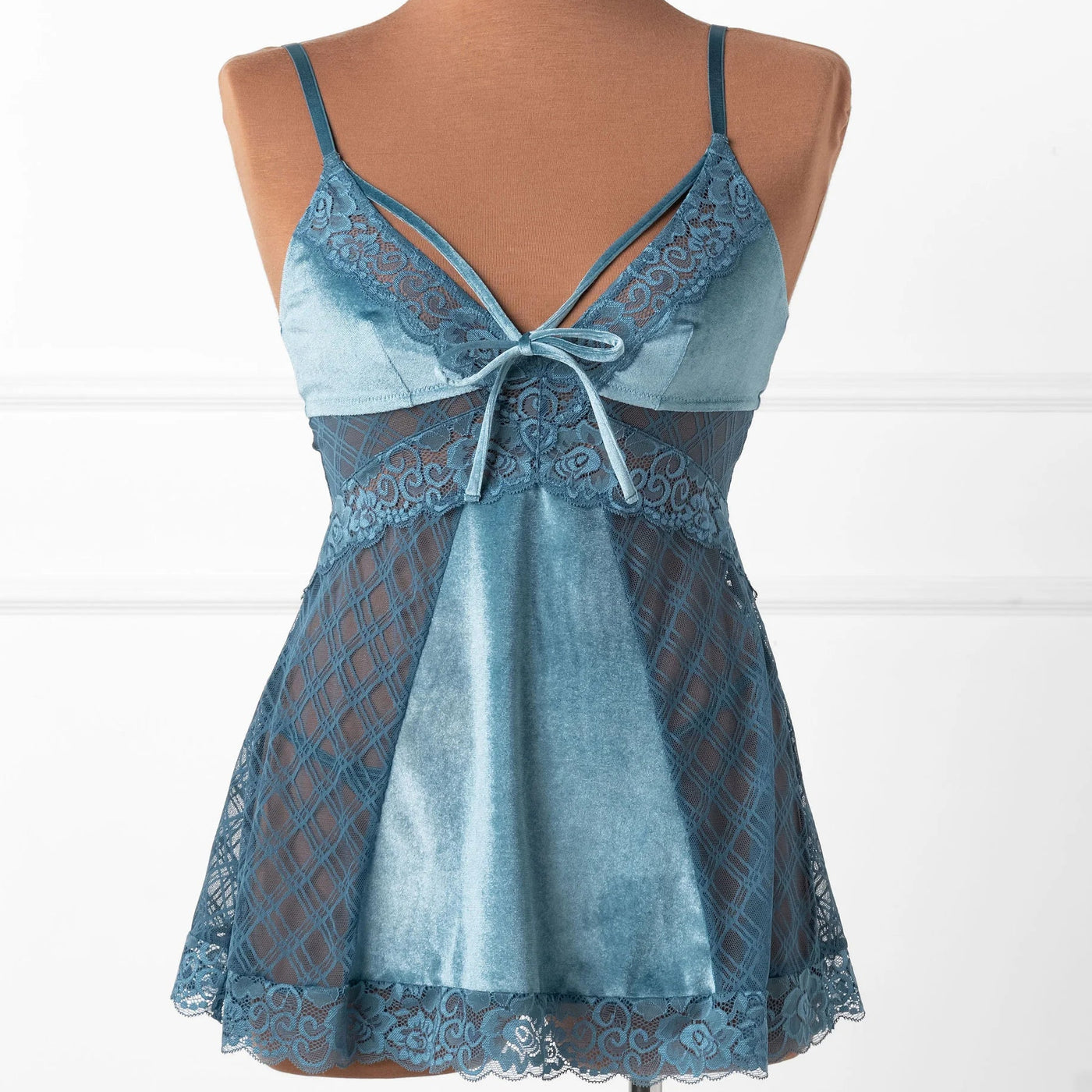 Lace & Velvet Strappy Babydoll - Retro Blue