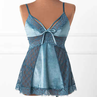 Lace & Velvet Strappy Babydoll - Retro Blue