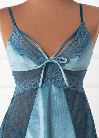 Lace & Velvet Strappy Babydoll - Retro Blue