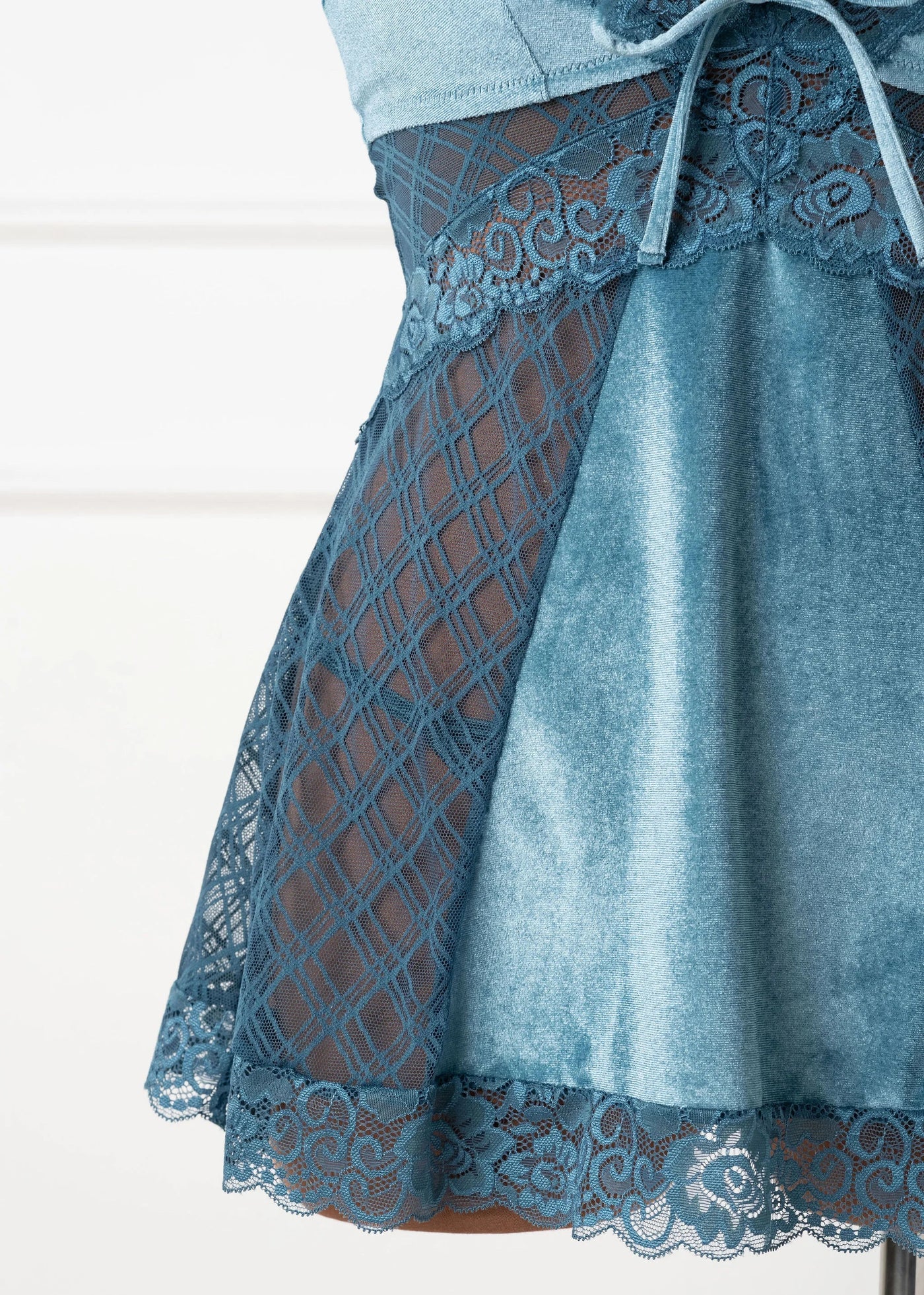 Lace & Velvet Strappy Babydoll - Retro Blue