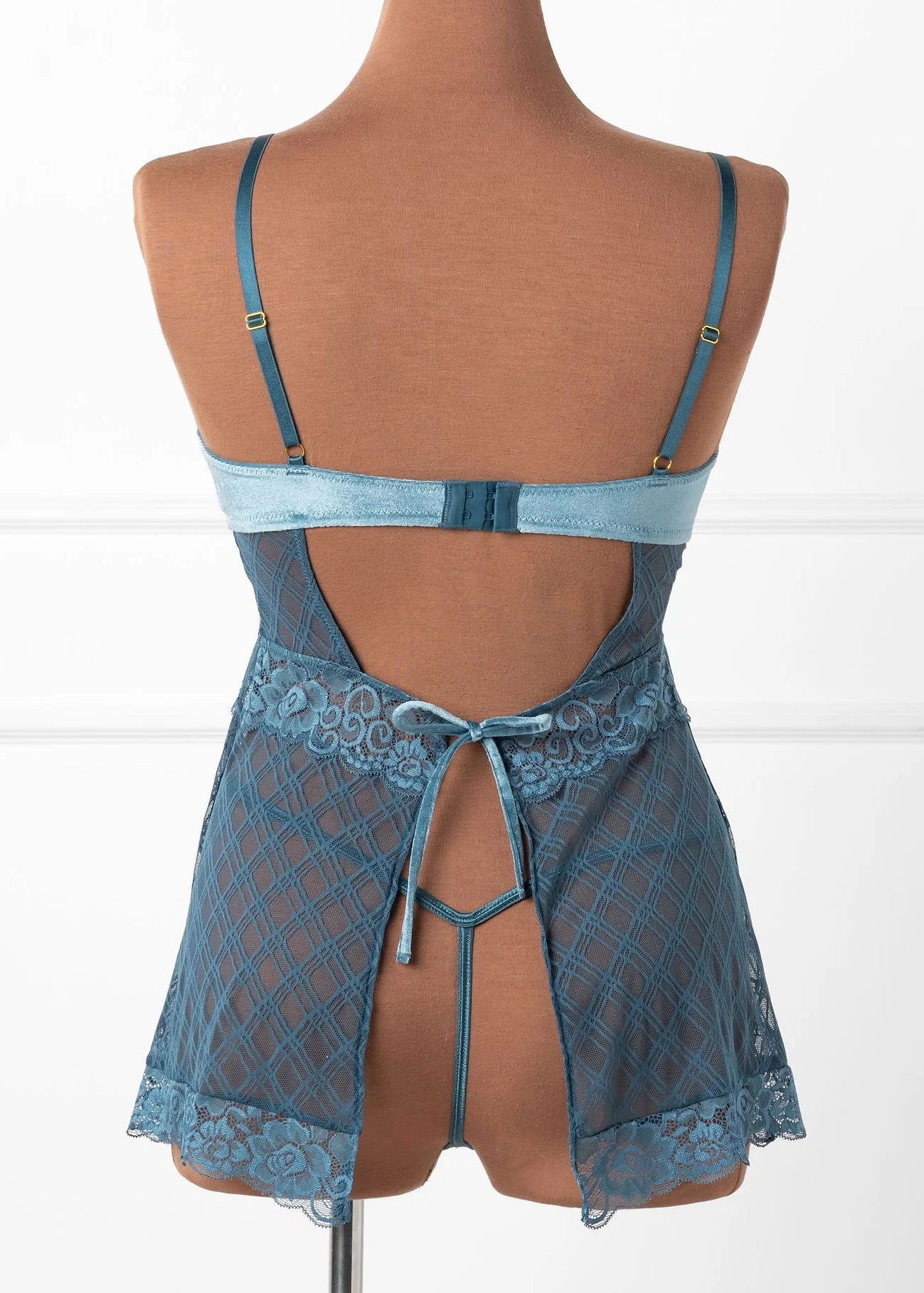 Lace & Velvet Strappy Babydoll - Retro Blue