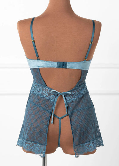 Lace & Velvet Strappy Babydoll - Retro Blue