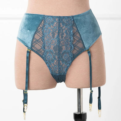 High Waist Velvet Crotchless Garter Panty - Retro Blue