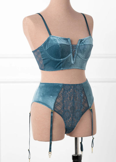 High Waist Velvet Crotchless Garter Panty - Retro Blue