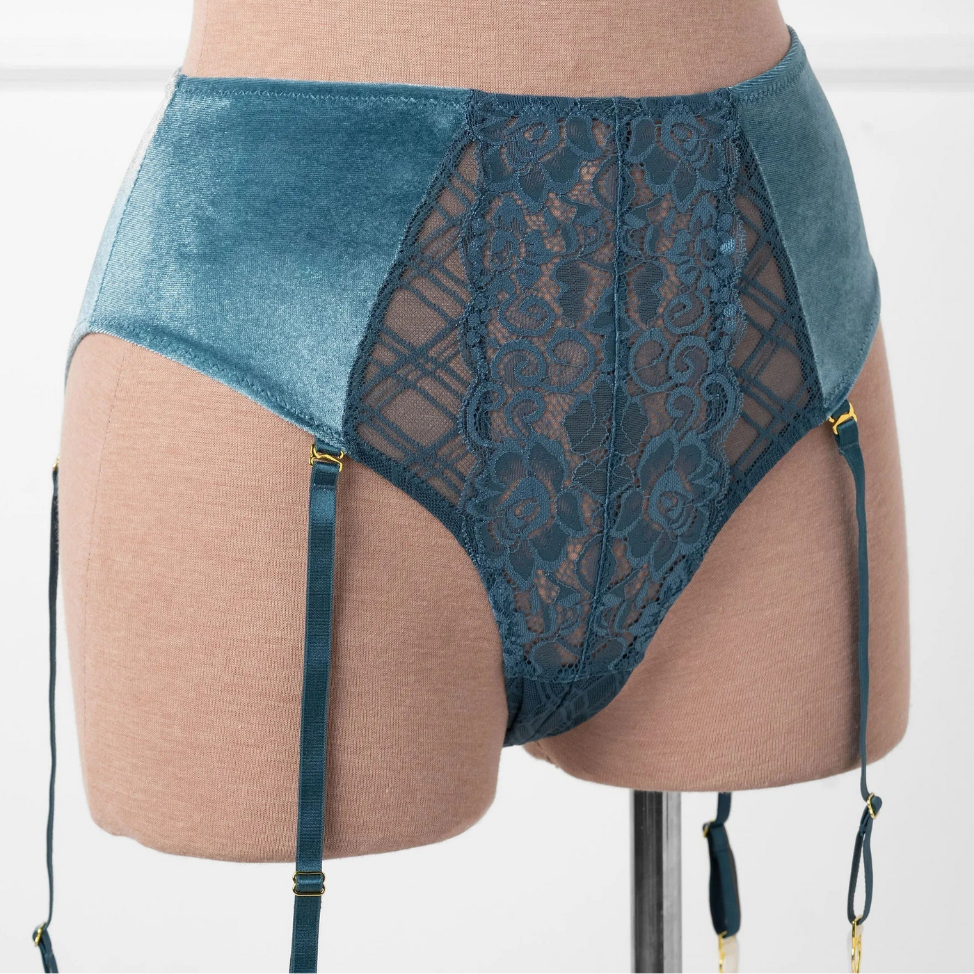 High Waist Velvet Crotchless Garter Panty - Retro Blue