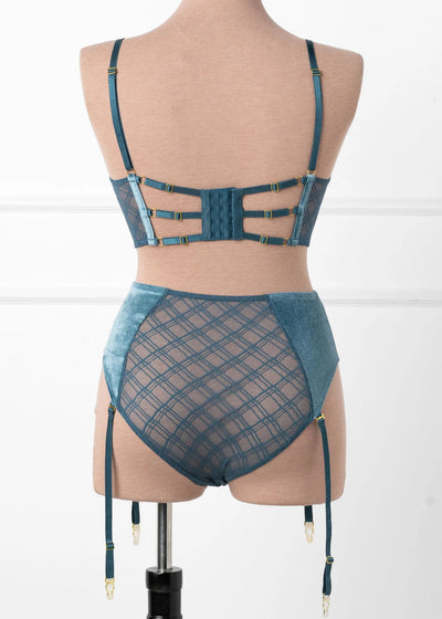High Waist Velvet Crotchless Garter Panty - Retro Blue