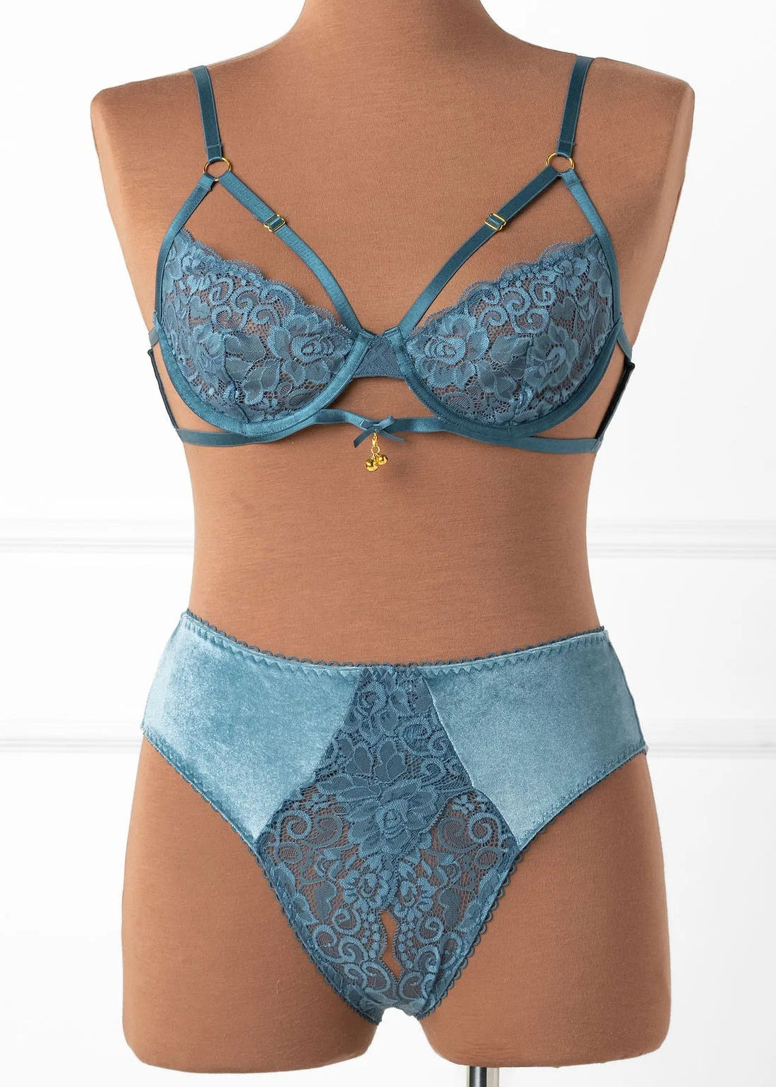 Lace & Velvet Crotchless Hipster Panty - Retro Blue
