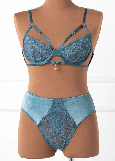 Lace & Velvet Crotchless Hipster Panty - Retro Blue