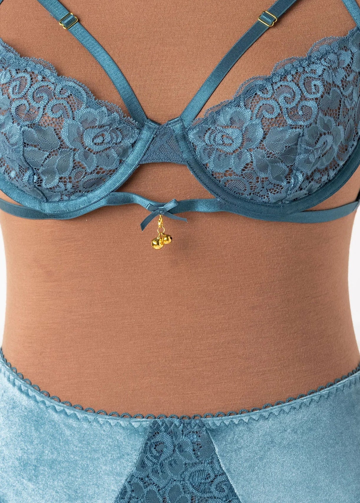 Lace & Velvet Crotchless Hipster Panty - Retro Blue