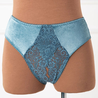 Lace & Velvet Crotchless Hipster Panty - Retro Blue