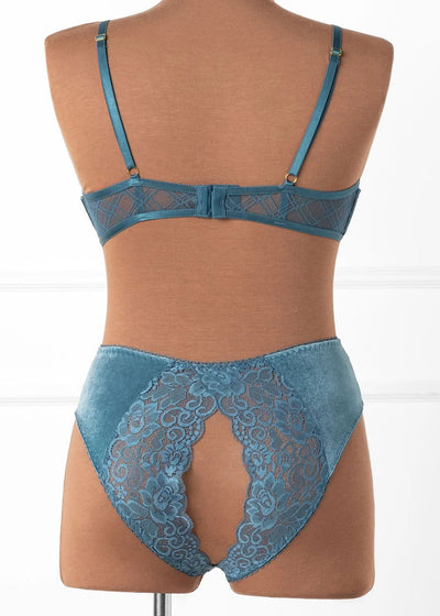 Lace & Velvet Crotchless Hipster Panty - Retro Blue
