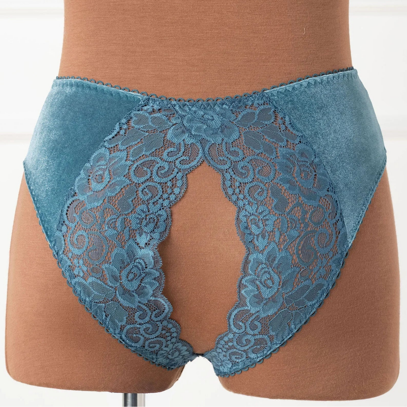 Lace & Velvet Crotchless Hipster Panty - Retro Blue