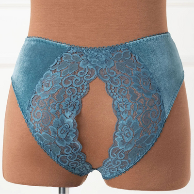 Lace & Velvet Crotchless Hipster Panty - Retro Blue