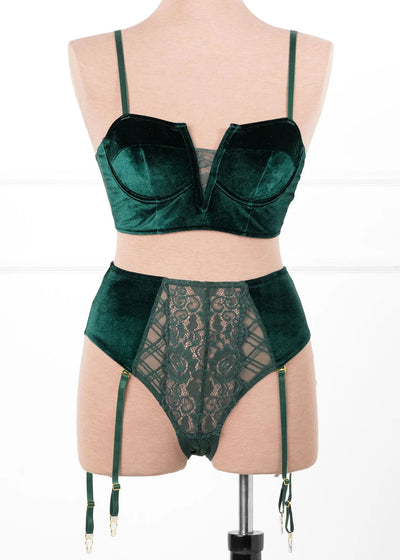 High Waist Velvet Crotchless Garter Panty - Alps Green