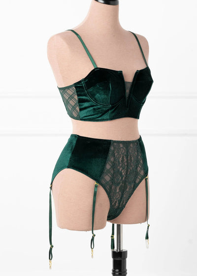 High Waist Velvet Crotchless Garter Panty - Alps Green