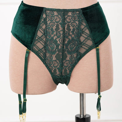 High Waist Velvet Crotchless Garter Panty - Alps Green