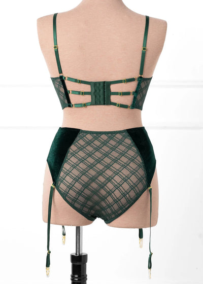 High Waist Velvet Crotchless Garter Panty - Alps Green