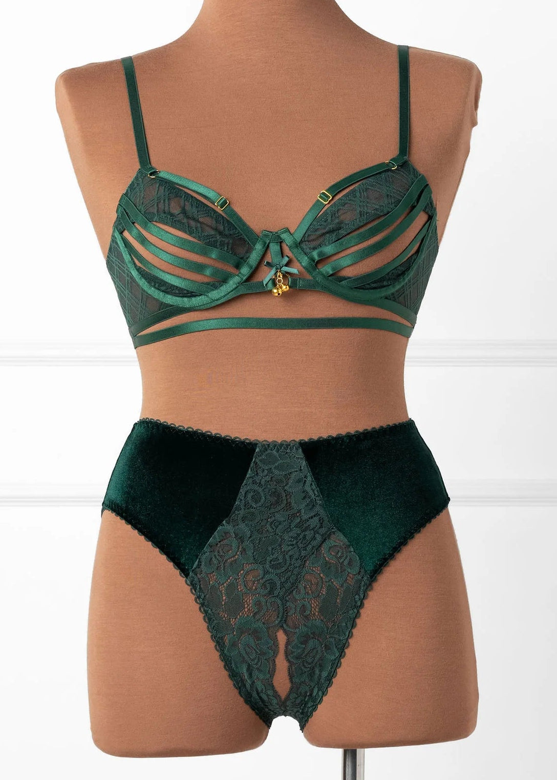 Lace & Velvet Crotchless Hipster Panty - Alps Green