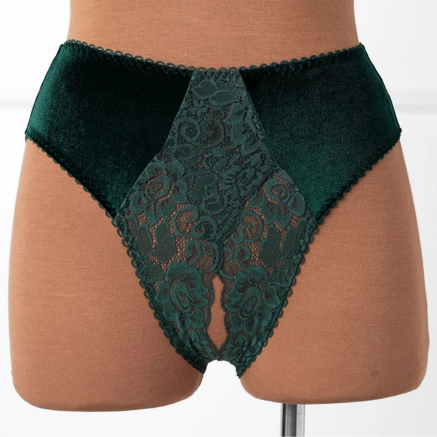 Lace & Velvet Crotchless Hipster Panty - Alps Green