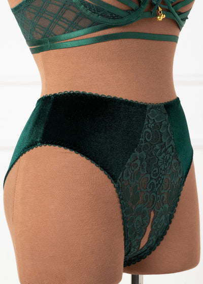 Lace & Velvet Crotchless Hipster Panty - Alps Green