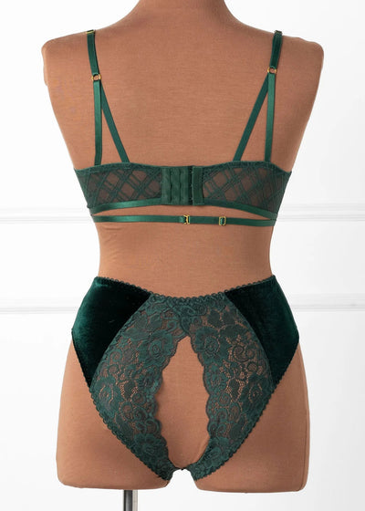 Lace & Velvet Crotchless Hipster Panty - Alps Green