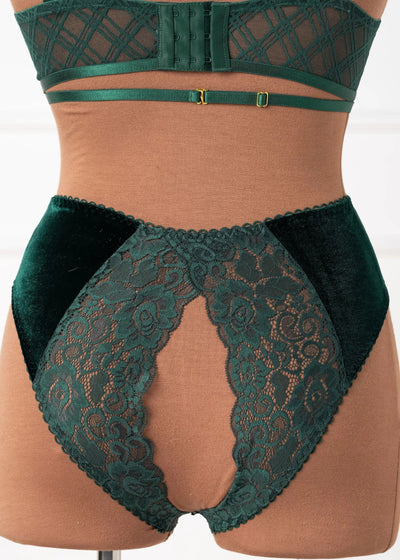 Lace & Velvet Crotchless Hipster Panty - Alps Green