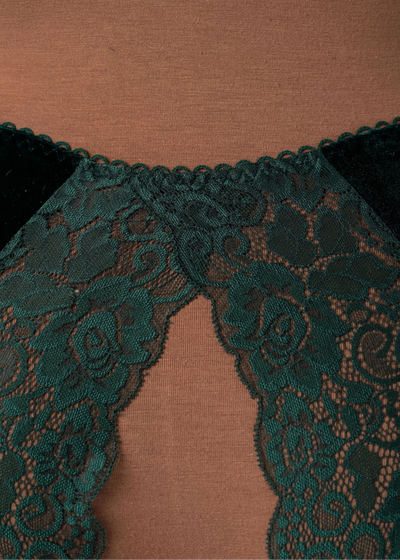 Lace & Velvet Crotchless Hipster Panty - Alps Green