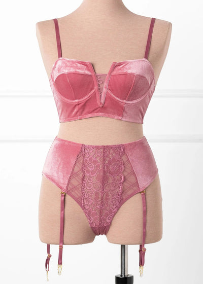 High Waist Velvet Crotchless Garter Panty - Sugarplum Pink